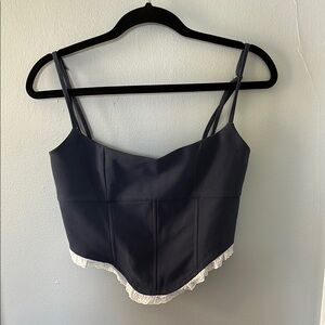 Edikted Navy Blue Crop Top with White Lace Trim